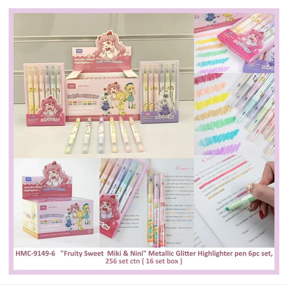Fruity Sweet Miki & Nini 6 in 1 Pack Metallic Glitter Highlighter pens
