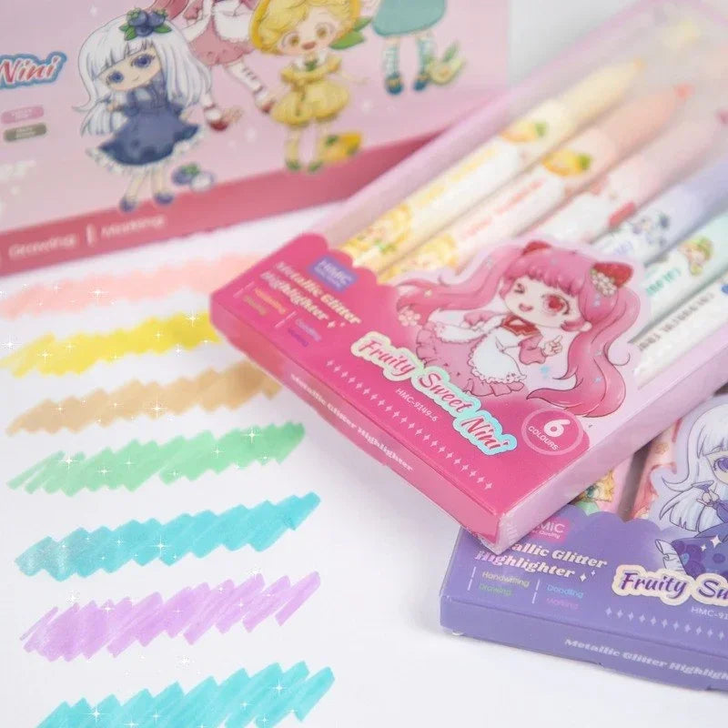 Fruity Sweet Miki & Nini 6 in 1 Pack Metallic Glitter Highlighter pens
