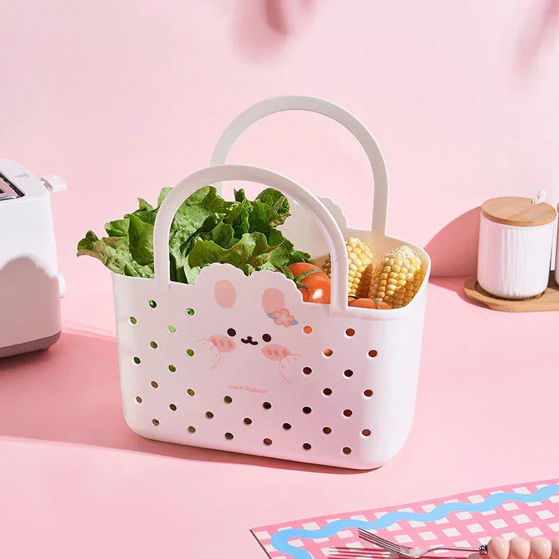 Cute Bunny Storage Basket for Kids | Plastic Tote Bag with Handle (Pack of 1)
