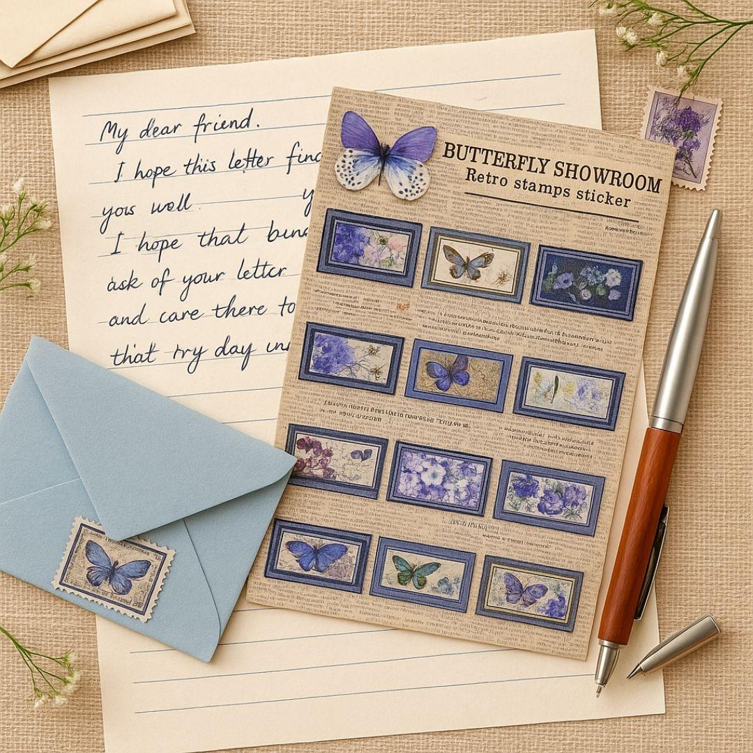 Xcf7-8 Butterfly Showroom Retro Stamp Sticker 2 Sheet