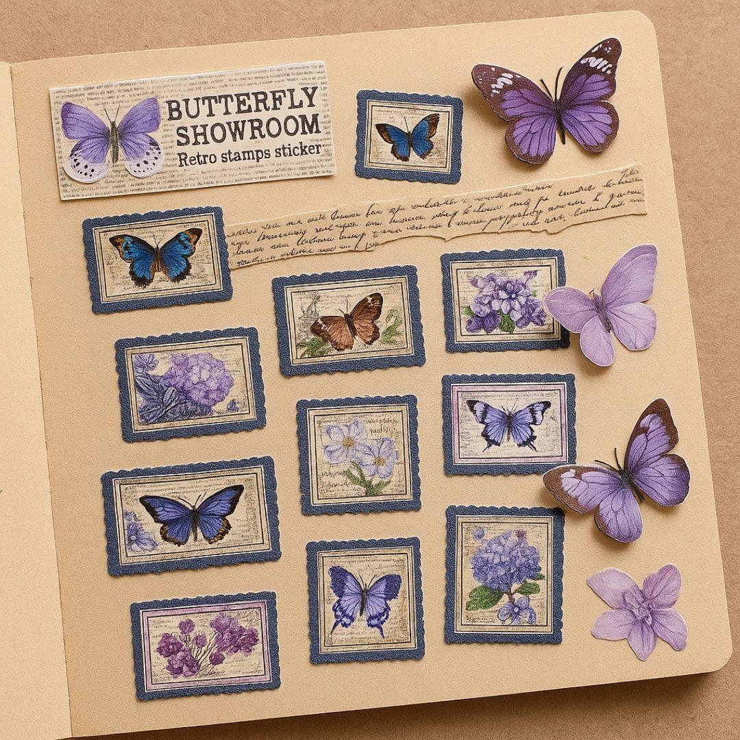 Xcf7-8 Butterfly Showroom Retro Stamp Sticker 2 Sheet