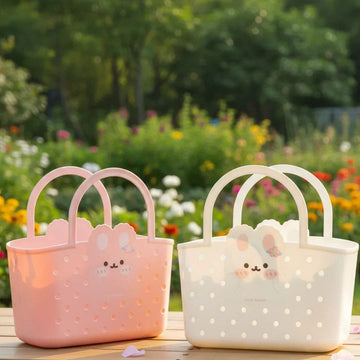 Cute Bunny Storage Basket for Kids | Plastic Tote Bag with Handle (Pack of 1)