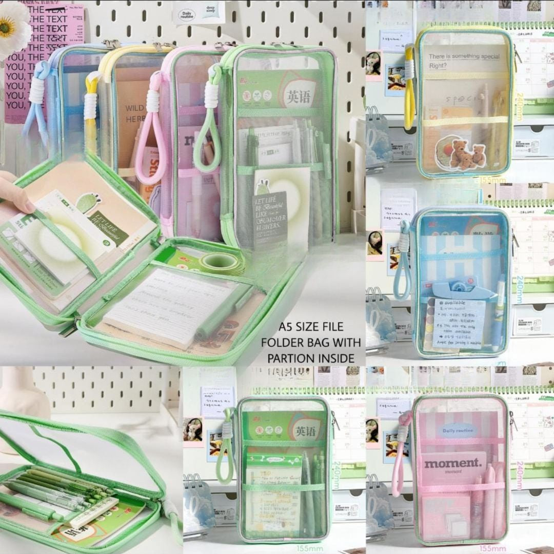 A5 Transparent File Organizer Pouch with Handle | Assorted color | Pack Of 1