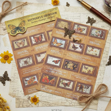 Xcf3-4 Butterfly Showroom Retro Stamp Sticker 2 Sheet
