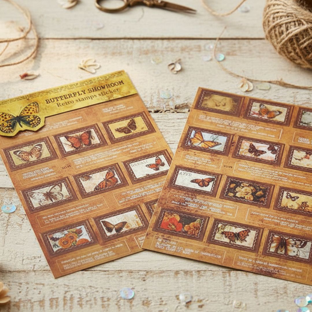 Xcf3-4 Butterfly Showroom Retro Stamp Sticker 2 Sheet