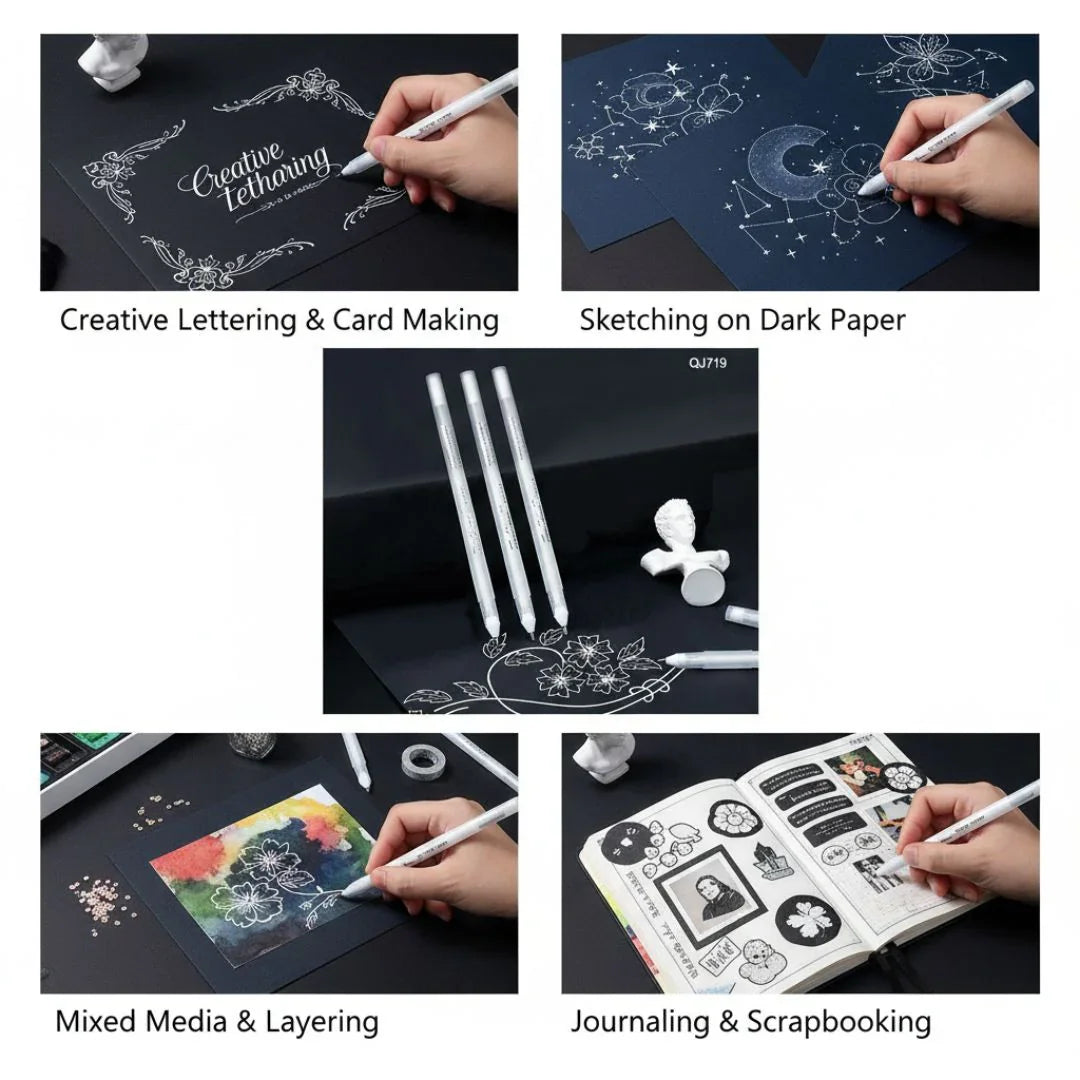 Qj719 3Pcs Highlights Pen White 0.8Mm