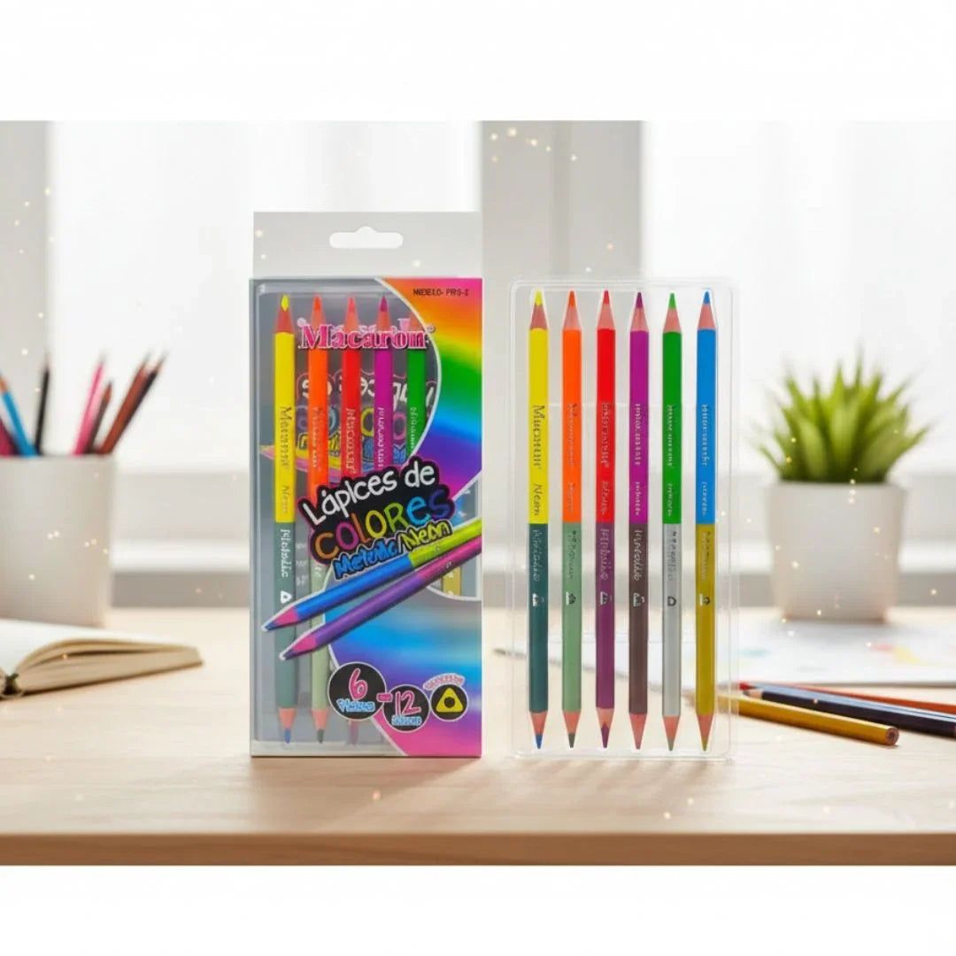 19902 Macaron 6Pc 2 Side Metalic Neon Pencil 12 Colors