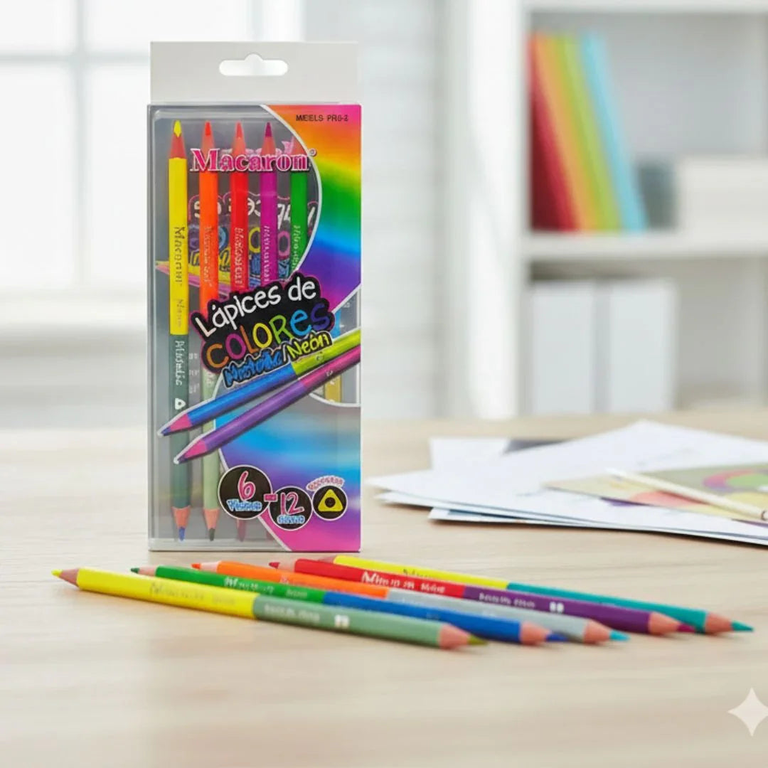 19902 Macaron 6Pc 2 Side Metalic Neon Pencil 12 Colors