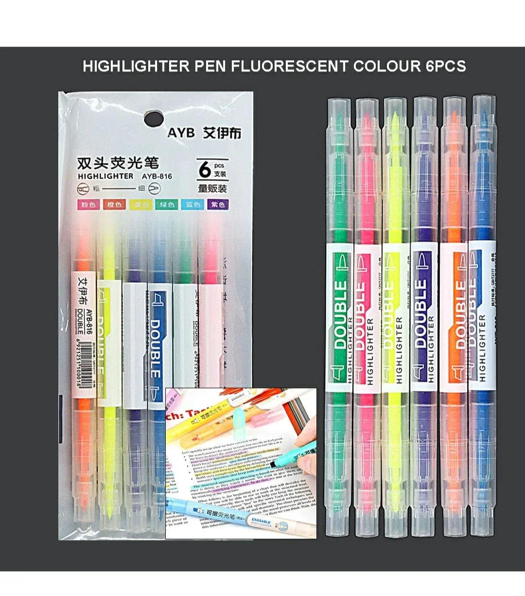 Highlighter Pen Fluorescent Colour 6Pcs Ayb816