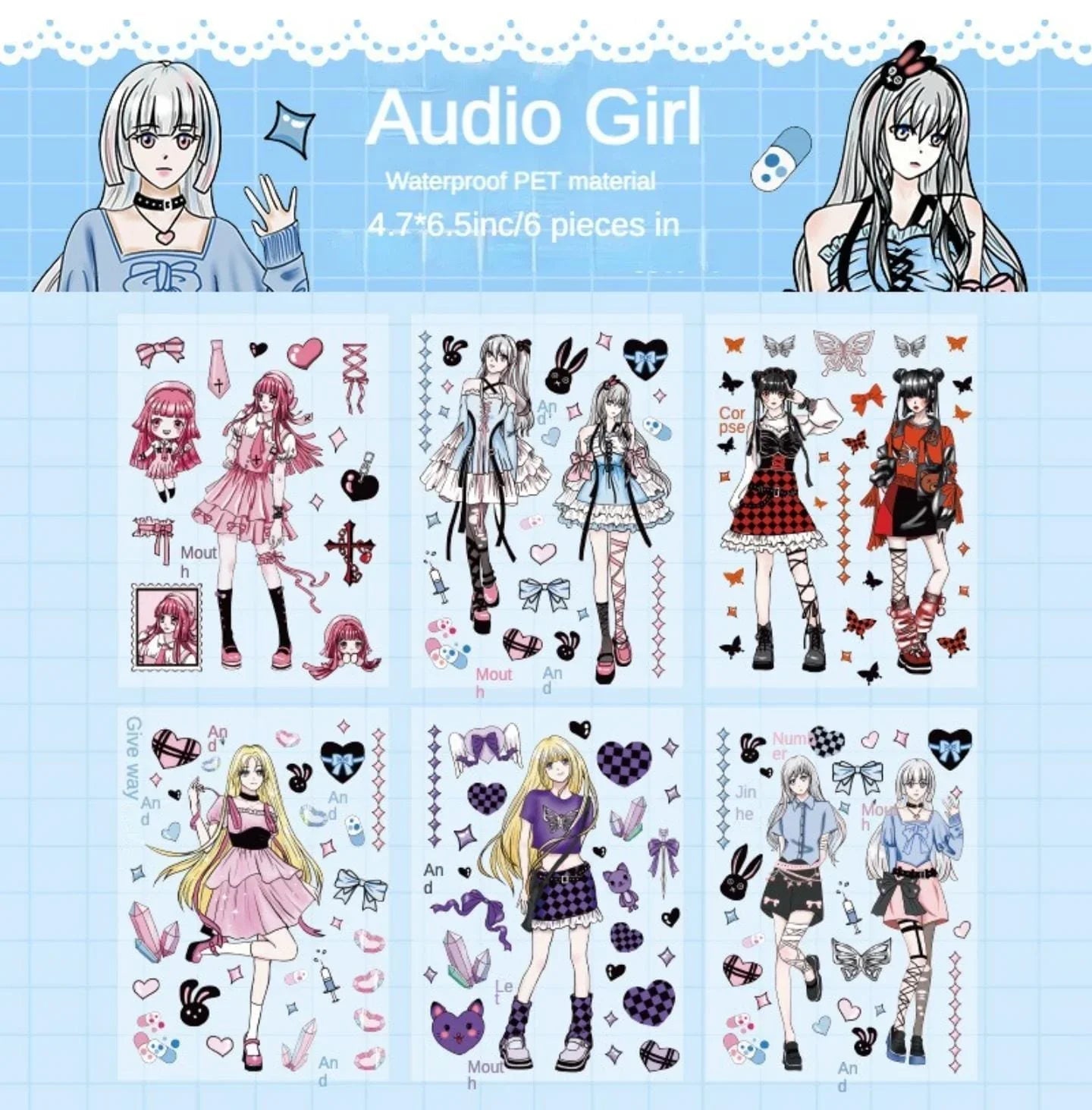 Cute Anime girls  waterproof pet sticker for journaling and scrapbooking- Pack of 6 sheets