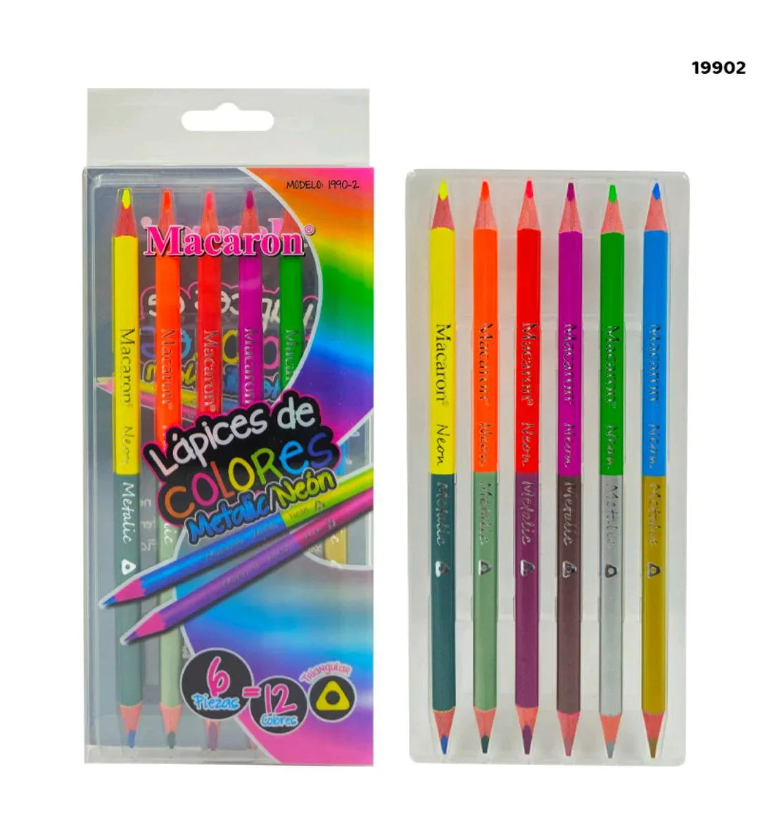 19902 Macaron 6Pc 2 Side Metalic Neon Pencil 12 Colors