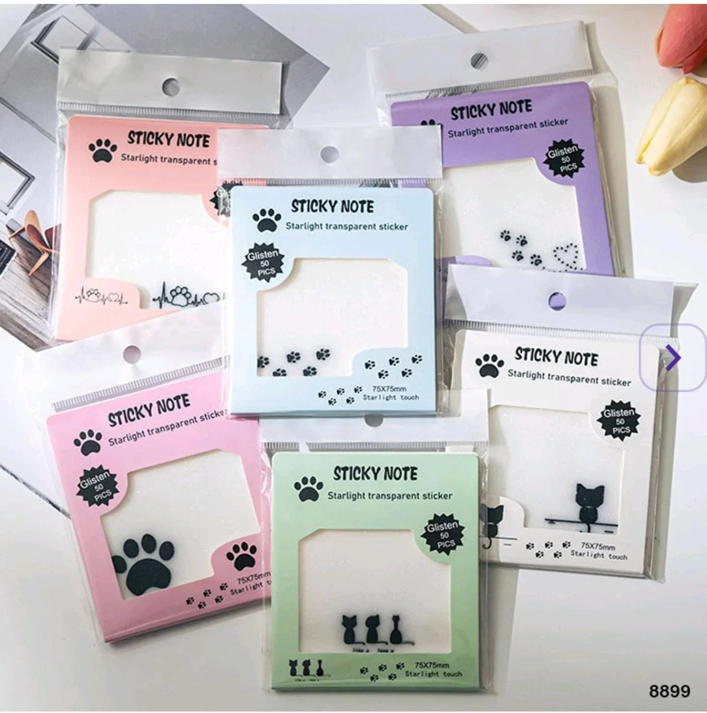 (  ) Kawaii glitter transparent paw sticky notes l 50 sheets
