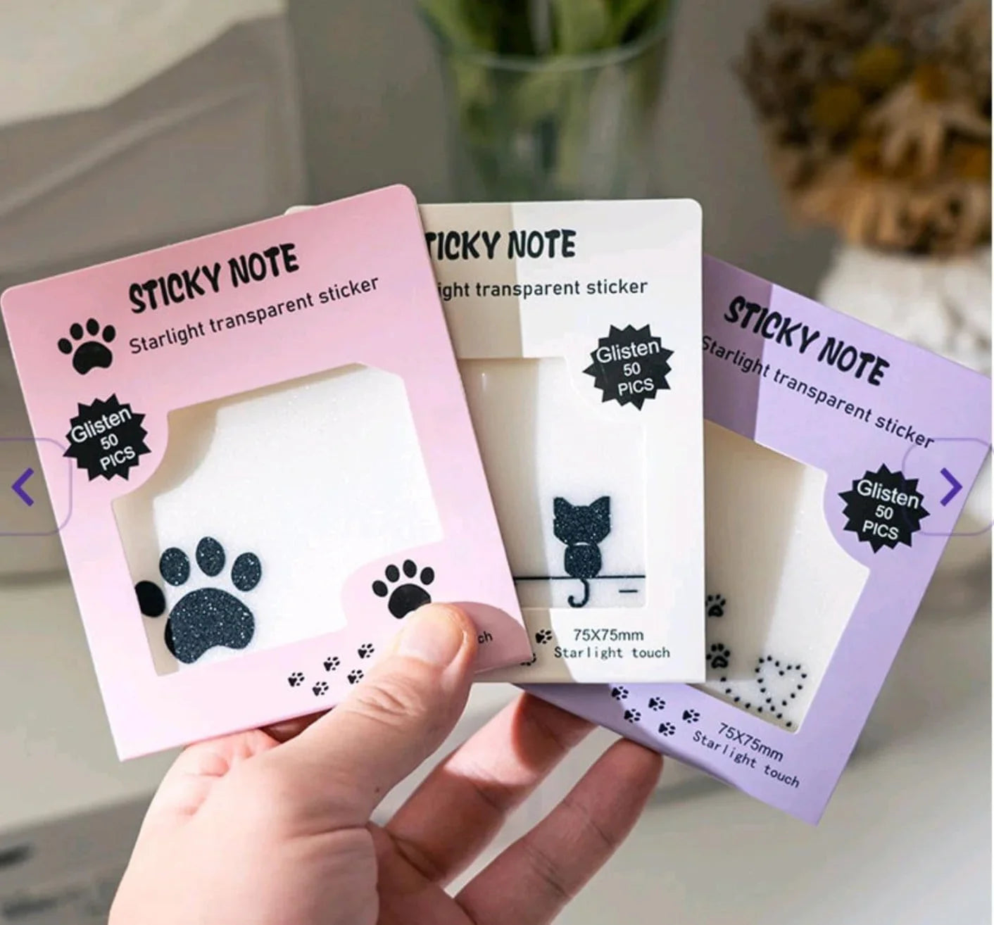 (  ) Kawaii glitter transparent paw sticky notes l 50 sheets