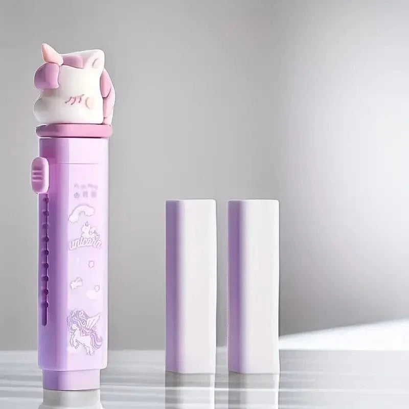 Bright International Erasers & Sharpeners Lilac unicorn Pushpull Mechanical Rubbers with 1 Pcs Refill Erasers for Kids Students, Stationery Gift for Kids, Return Gift for Kids (assorted color)